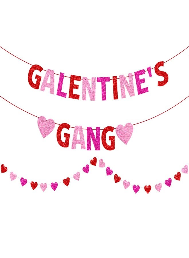 PTFNY Galentine’s Gang Banner Happy Galentine’s Day Banner Red Pink Glittery Heart Garland Valentines Day Party Decorations Girls Ladies Theme Valentines Day Party Decor Supplies - Image 1